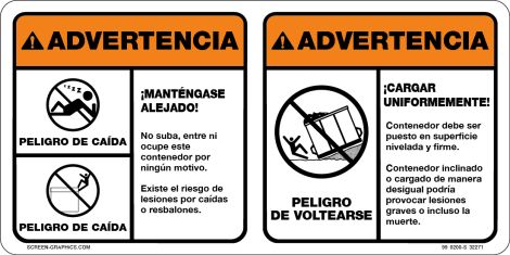 ANSI Caution Keep Off, Load Evenly, Vertical, Waste Container Graphic (Spanish)
