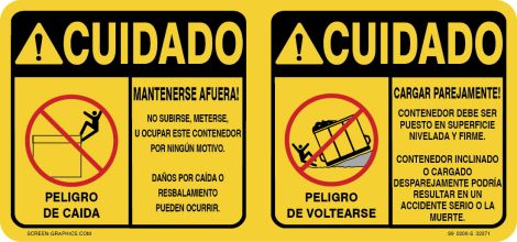 ANSI Caution Keep Off, Load Evenly, Vertical, Waste Container Graphic (Spanish)