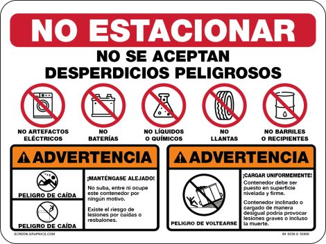 4 Way Multi Message: Do Not Park, No Hazardous Wastes, Caution Falling Hazard, Caution Tipping Hazard Graphic (Spanish)