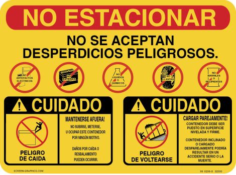 4 Way Multi Message: Do Not Park, No Hazardous Wastes, Caution Falling Hazard, Caution Tipping Hazard Graphic (Spanish)