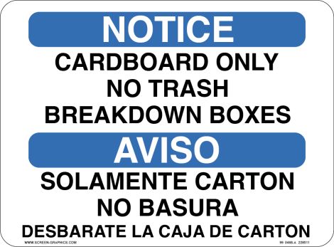 Notice, Cardboard Only, No Trash, Breakdown Boxes Recycling (English & Spanish)