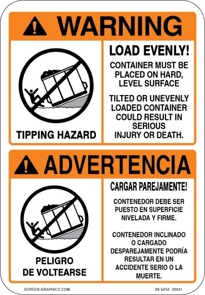 Warning Container Must Be Placed on Hard Level Surface Safety (English & Spanish)