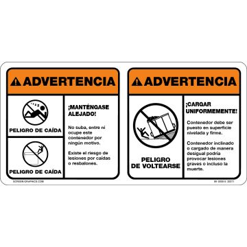 ANSI Warning Keep Off, Load Evenly, Vertical, Waste Container Graphic (Spanish)