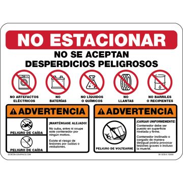 4 Way Multi Message: Do Not Park, No Hazardous Wastes, Caution Falling Hazard, Caution Tipping Hazard Graphic (Spanish)