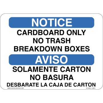 Notice, Cardboard Only, No Trash, Breakdown Boxes Recycling (English & Spanish)